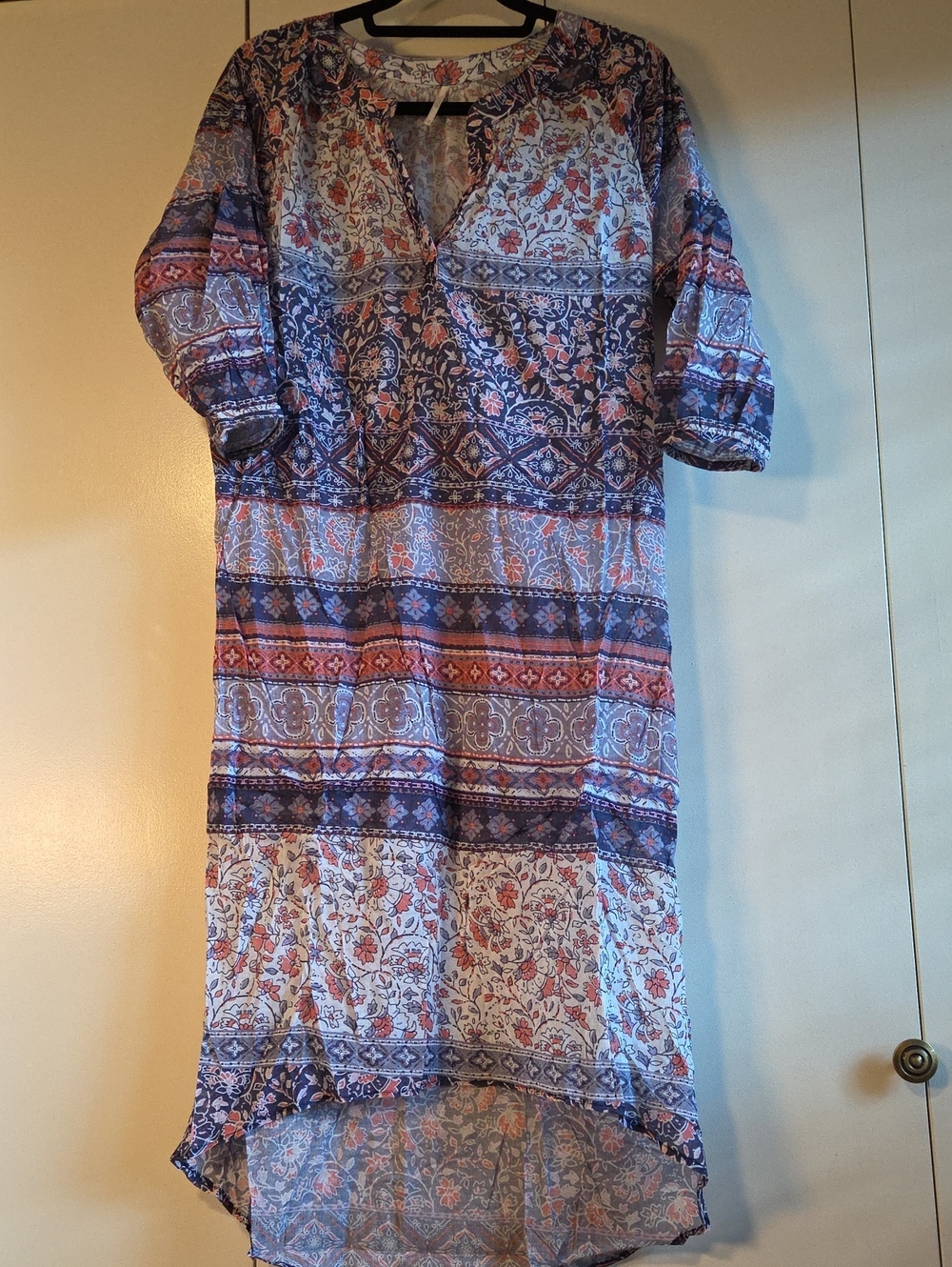 Free People Boho Floral Stripe Tunic Dress in Blue & Coral - Picture 1 of 7